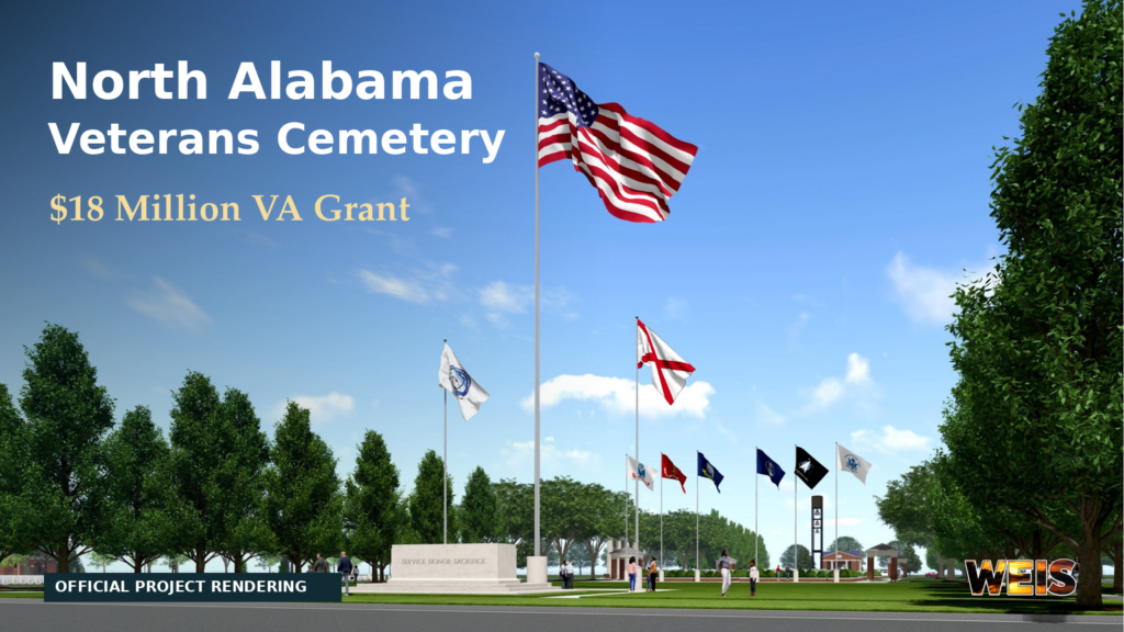 : Official project rendering of the North Alabama veterans cemetery with a headline about its $18 million VA grant.