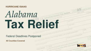 Alabama tax relief header with authentic IRS Form 1040 imagery, Hurricane Isaias wording, and WEIS branding.