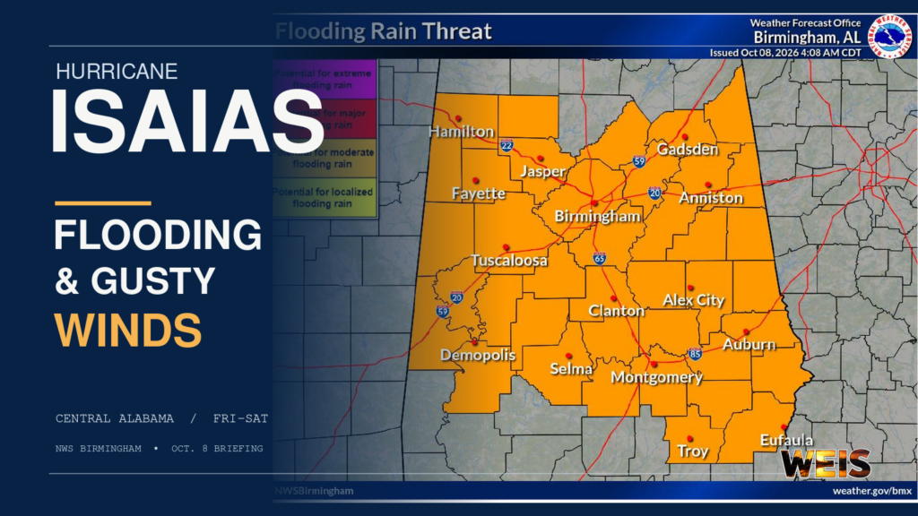 Hurricane Isaias Central Alabama flooding outlook header with the October 8 NWS Birmingham flood-threat map