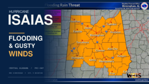 Hurricane Isaias Central Alabama flooding outlook header with the October 8 NWS Birmingham flood-threat map