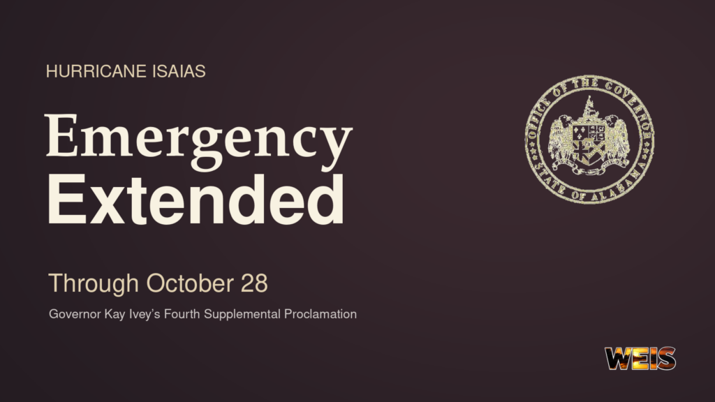 Hurricane Isaias emergency extension header with the authentic Alabama governor’s seal, October 28 date, and WEIS branding.