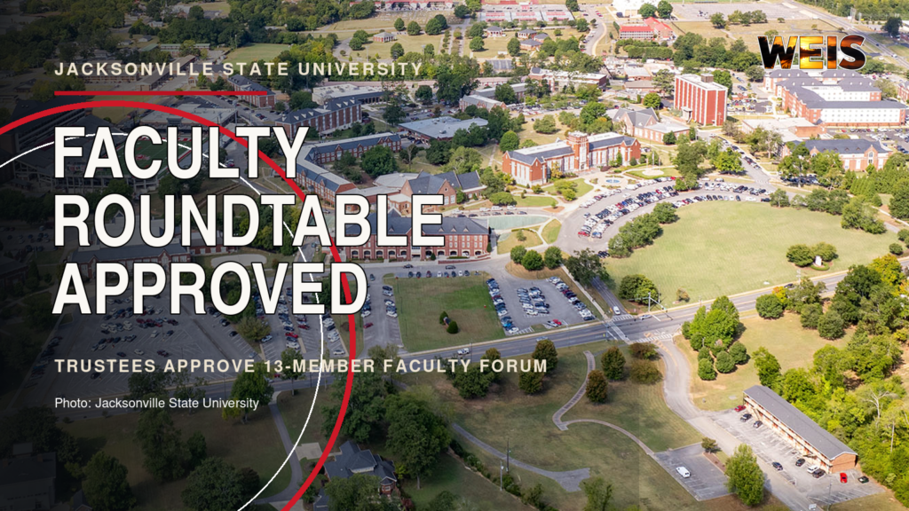 Aerial view of Jacksonville State University with the words Faculty Roundtable Approved and the WEIS logo
