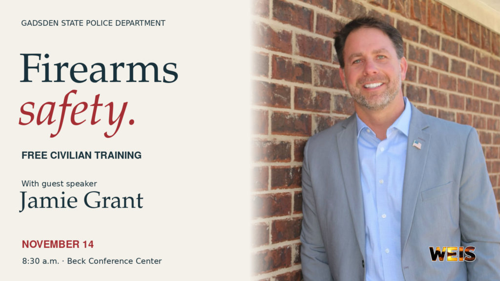 Jamie Grant pictured in a news header for the free firearms safety course at Gadsden State on November 14.