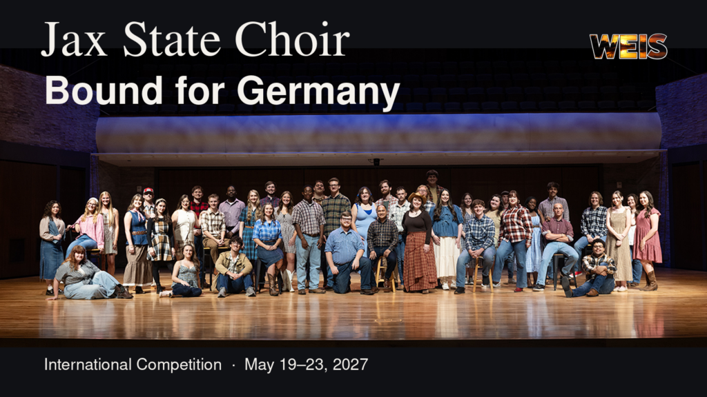Jax State choir members posed together on a stage, with a headline about their planned Germany competition.
