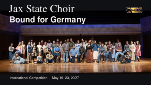Jax State choir members posed together on a stage, with a headline about their planned Germany competition.