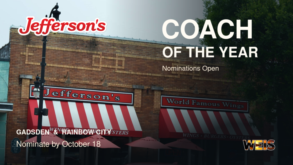 Jefferson’s Gadsden restaurant with official branding and a Coach of the Year nomination headline for Gadsden and Rainbow City.