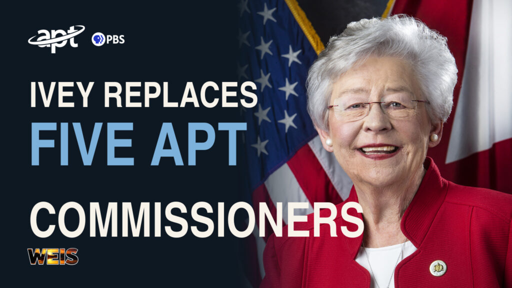 Gov. Kay Ivey official portrait with APT and WEIS logos and a headline about Alabama Public Television board changes.