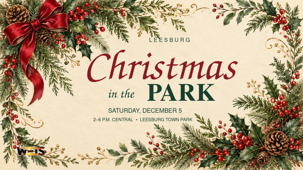 Christmas in the Park header with illustrated greenery, holly, and red ribbon, announcing Leesburg’s December 5 event.