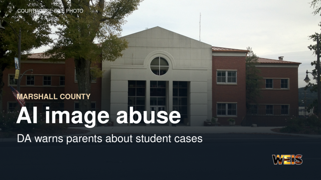 Marshall County Courthouse file photograph with wording about the district attorney’s warning concerning AI image abuse involving students.