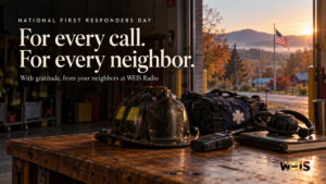 National First Responders Day tribute with a firefighter’s helmet, medical bag, radio, dispatcher’s headset, and WEIS branding.