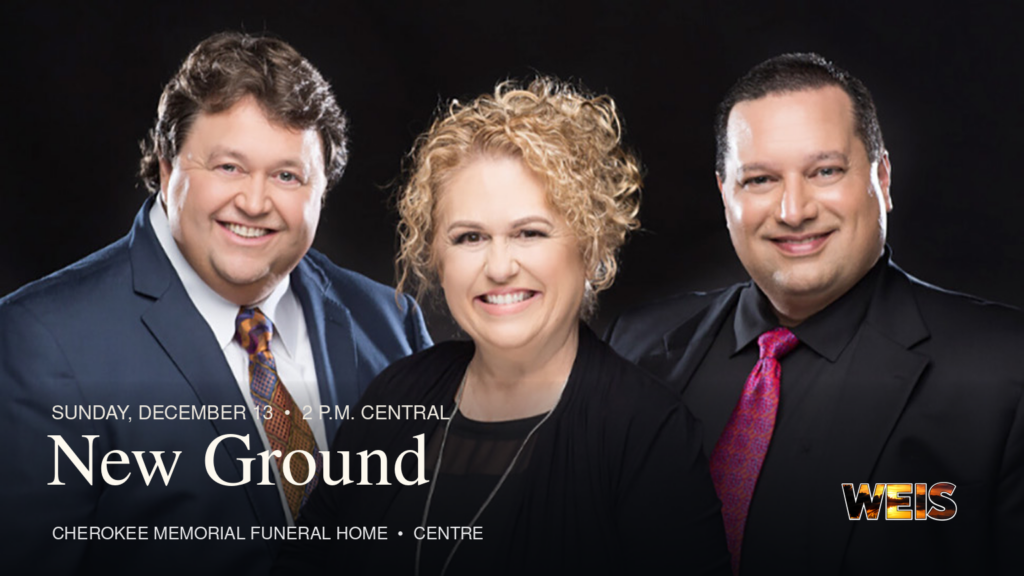 New Ground trio pictured in a promotional header for its December 13 singing at Cherokee Memorial Funeral Home in Centre.
