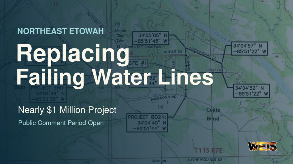 Northeast Etowah water main replacement news header over an official project map of the Coats Bend area, with WEIS branding.