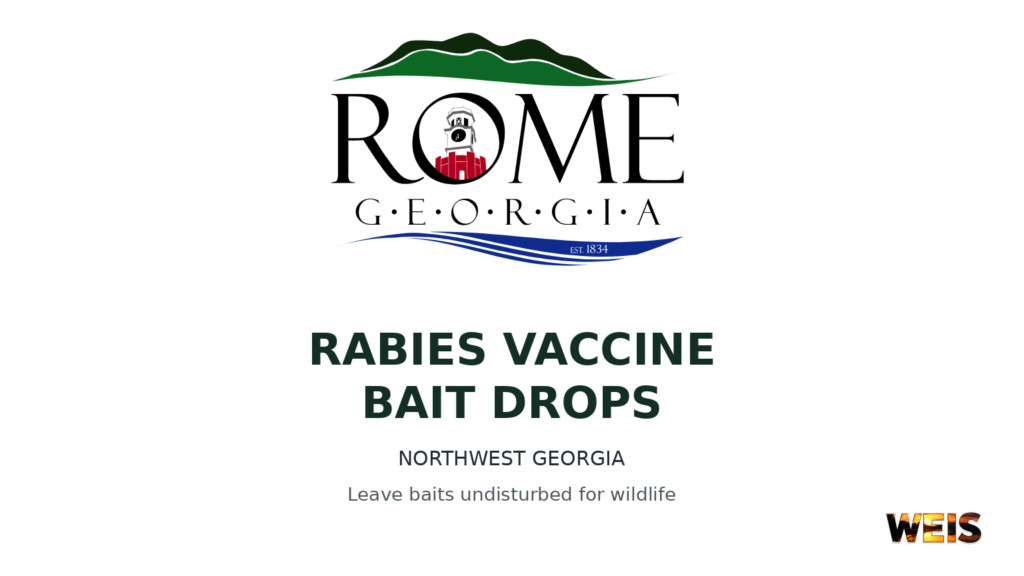 City of Rome logo above a rabies bait drops notice for Northwest Georgia, with WEIS branding.