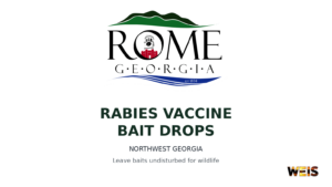 City of Rome logo above a rabies bait drops notice for Northwest Georgia, with WEIS branding.