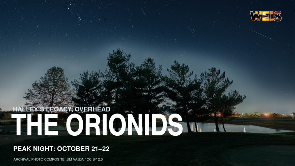 Orionid meteor shower header over Jim Vajda’s 2020 photographic composite, with meteor trails above a rural landscape and WEIS branding.