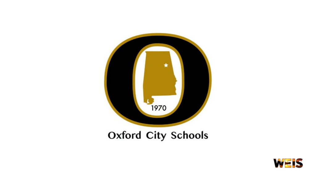Oxford City Schools logo featuring a black and gold O, an Alabama outline, and the year 1970.
