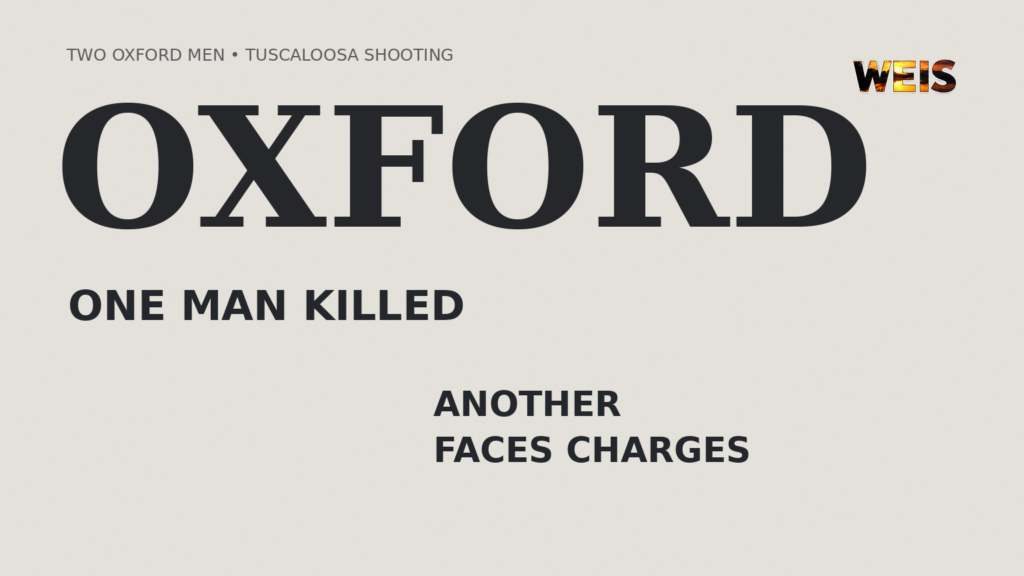 Oxford man killed news header with oversized Oxford lettering, crimson abstract artwork, and subtle WEIS branding.