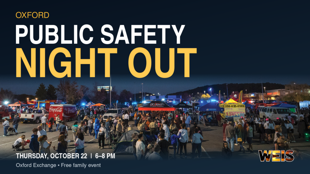 Oxford Public Safety Night Out header with a city-supplied crowd photograph, October 22 event details, and WEIS branding.