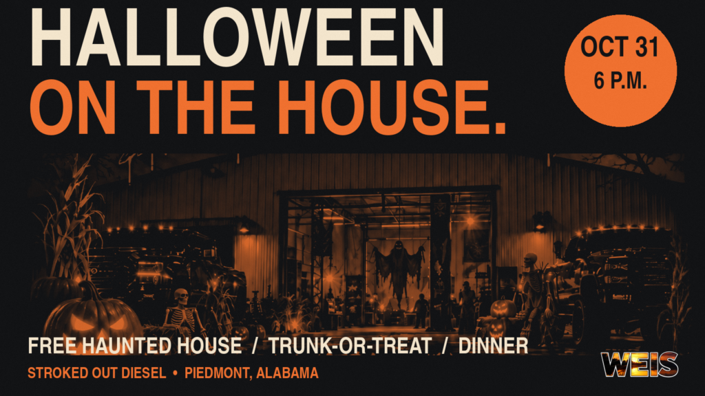 Piedmont haunted house event artwork with pumpkins, a decorated diesel shop and the headline Halloween on the House.