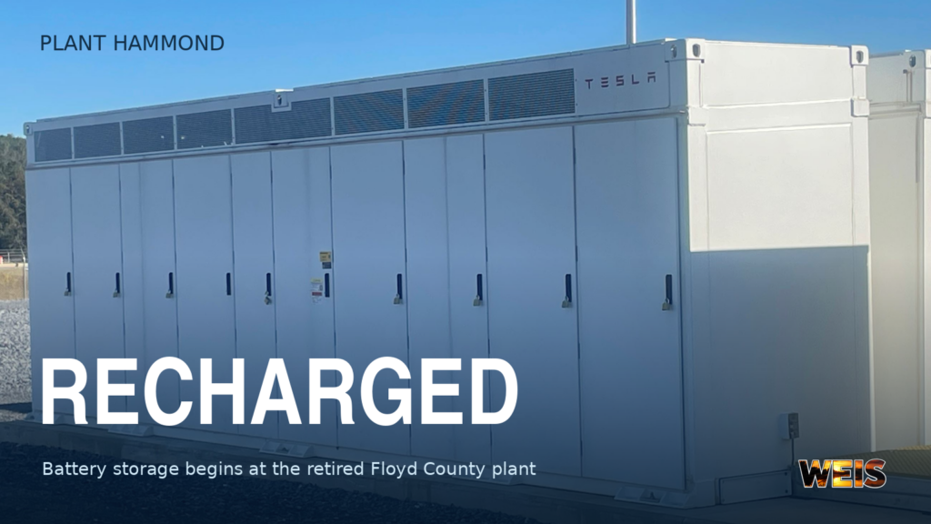 Plant Hammond battery storage header showing a Tesla battery enclosure at the Floyd County facility.