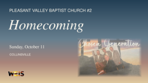 Pleasant Valley homecoming header featuring the flyer’s Chosen Generation photo, sunset colors, cross artwork, October 11 date, and WEIS logo.