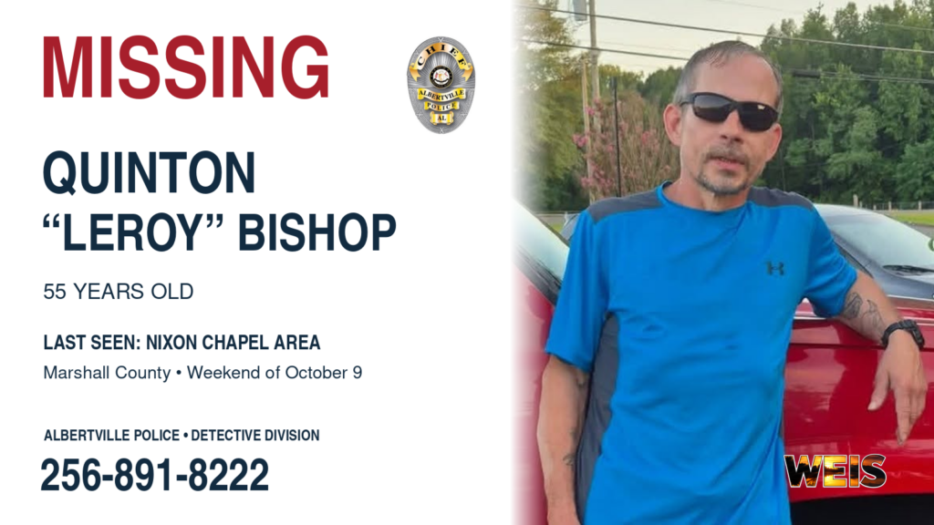 Missing-person alert for Quinton “Leroy” Bishop with his photograph, Albertville Police badge, and contact number 256-891-8222.