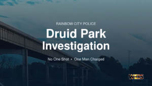 Druid Park investigation news header using bridge imagery from Rainbow City Police Department artwork with WEIS branding.