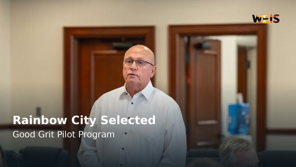 Rainbow City Mayor Joe Taylor in a Good Grit Pilot Program news header with subtle WEIS branding.