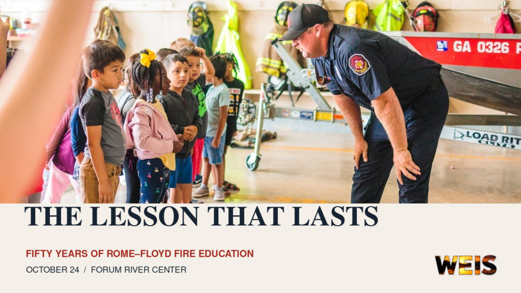 A Rome-Floyd firefighter speaks with West End Elementary pre-K students during a 2022 station visit, above a 50-year fire education headline.