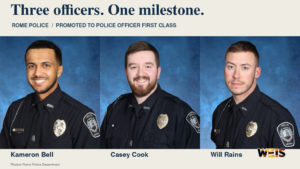 Rome Police officers Kameron Bell, Casey Cook, and Will Rains, pictured from left, following their promotions to Police Officer First Class.