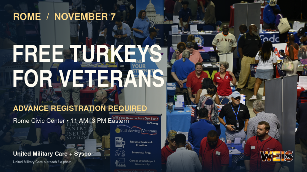 United Military Care outreach file photo with Rome veterans turkey giveaway wording, November 7 date, and advance registration requirement.