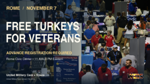 United Military Care outreach file photo with Rome veterans turkey giveaway wording, November 7 date, and advance registration requirement.