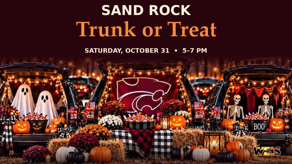 Sand Rock Trunk or Treat artwork featuring three decorated vehicle trunks, pumpkins, and a Wildcat emblem, announcing October 31 from 5–7 p.m.