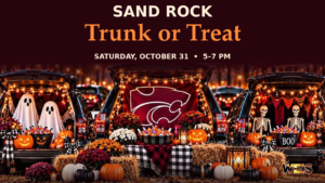 Sand Rock Trunk or Treat artwork featuring three decorated vehicle trunks, pumpkins, and a Wildcat emblem, announcing October 31 from 5–7 p.m.
