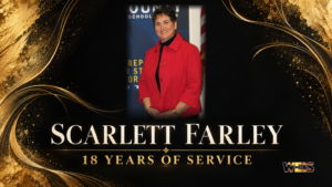 portrait of Scarlett Farley in a black-and-gold header honoring 18 years of service.