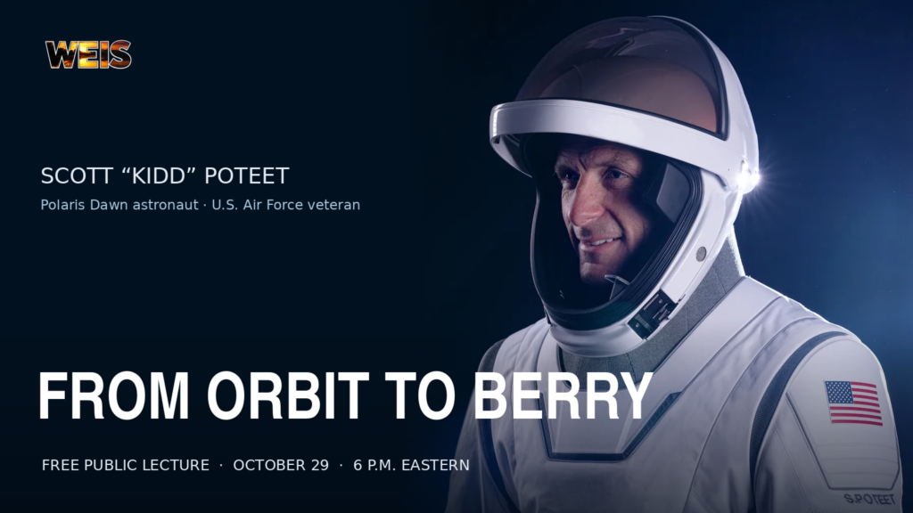 Scott Poteet in a spacesuit in a header announcing his free Berry College lecture on October 29.