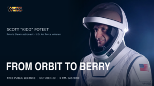 Scott Poteet in a spacesuit in a header announcing his free Berry College lecture on October 29.