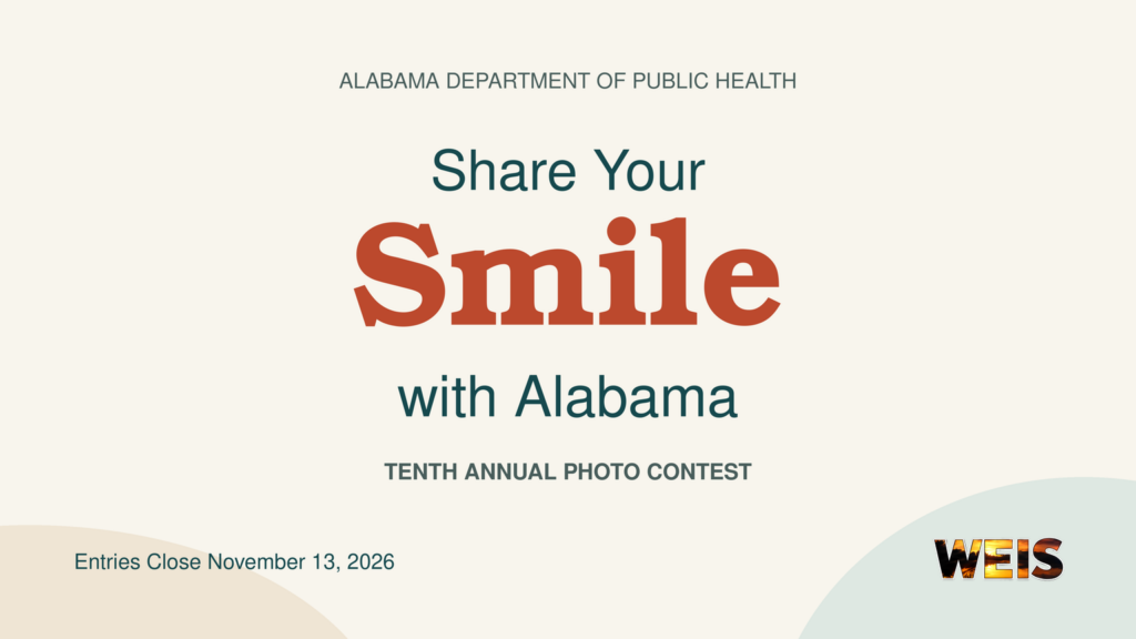 Share Your Smile with Alabama photo contest header with a November 13 entry deadline and the WEIS sunset logo.