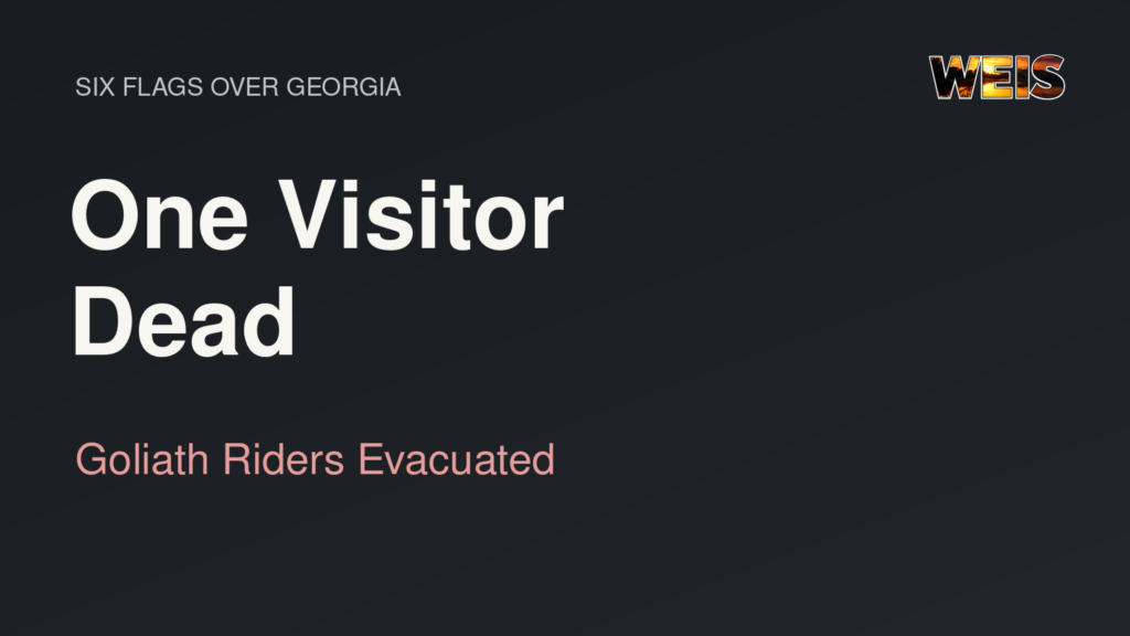 WEIS news graphic reporting one visitor dead at Six Flags Over Georgia and the evacuation of Goliath riders.
