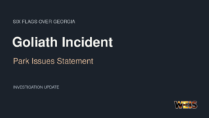 Six Flags Goliath incident update header reading Park Issues Statement.