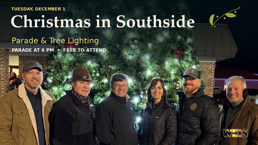 Southside Christmas parade and tree lighting header featuring the supplied group photo beside a lighted Christmas tree.