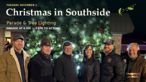 Southside Christmas parade and tree lighting header featuring the supplied group photo beside a lighted Christmas tree.