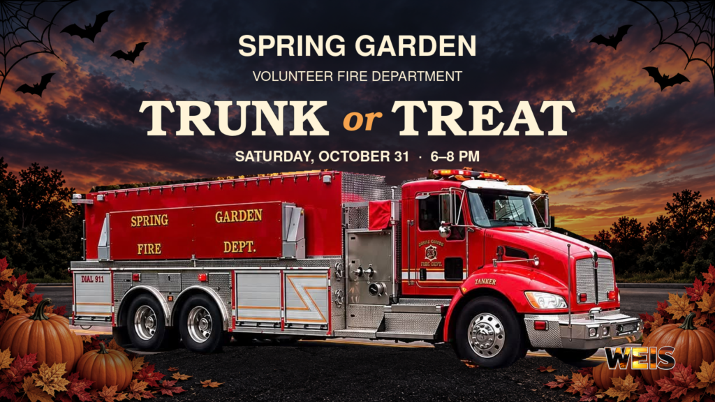 Spring Garden Trunk or Treat header featuring the flyer’s red fire truck, sunset sky, pumpkins, bats, and Oct. 31 event details.