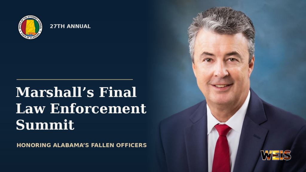 Official portrait of Alabama Attorney General Steve Marshall beside the 27th Annual Law Enforcement Summit headline and office seal.