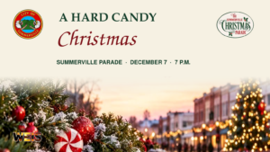 Summerville Christmas parade header featuring lantern artwork, evergreen branches, candy canes, the city seal, and WEIS branding.