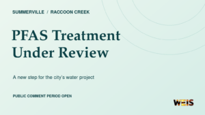 Summerville PFAS treatment news header reading PFAS Treatment Under Review, with pale green artwork and WEIS branding.