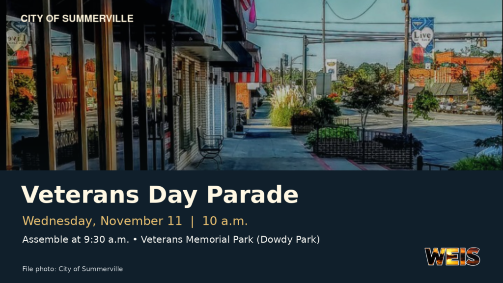 Downtown Summerville with Veterans Day parade details for November 11 and the WEIS logo.