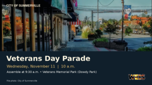 Downtown Summerville with Veterans Day parade details for November 11 and the WEIS logo.