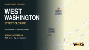 West Washington Street closure header with the City of Summerville map showing Sunset Drive and Raymond Street, and WEIS branding