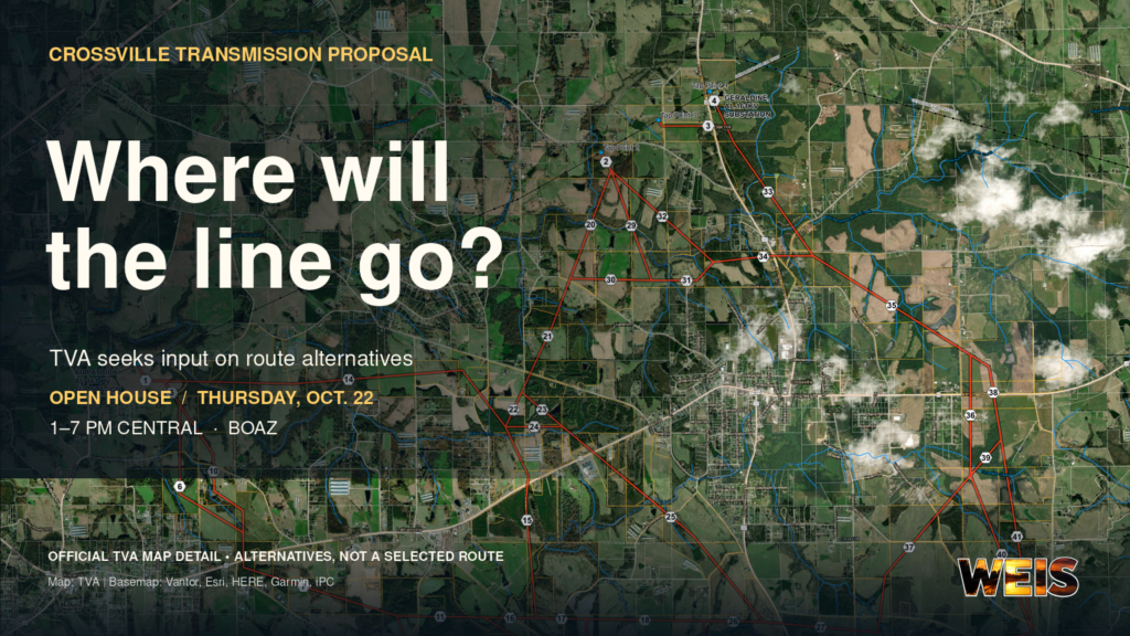 TVA aerial map detail showing alternative Crossville transmission routes beneath the headline “Where will the line go?” with WEIS branding.